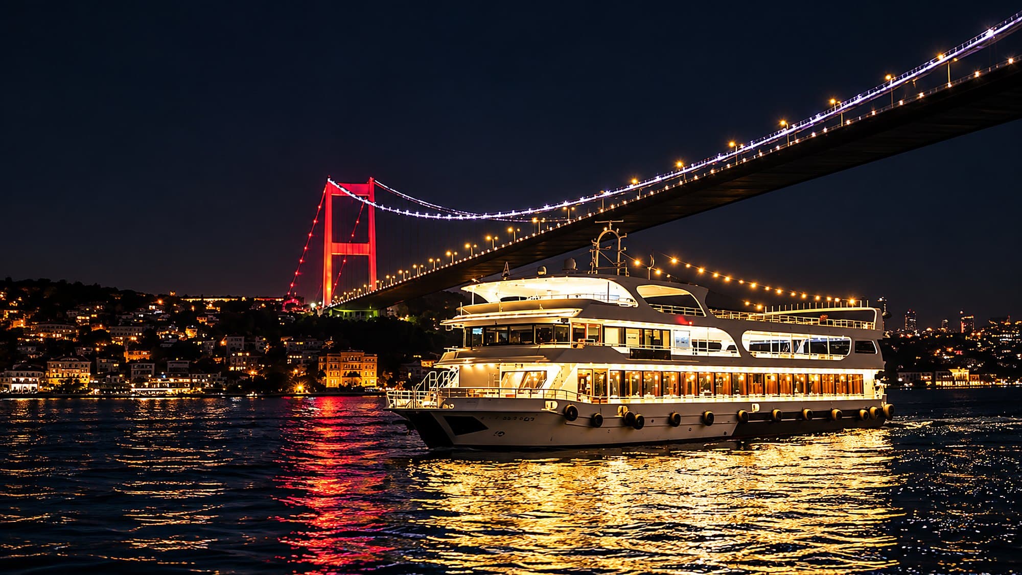 Illuminated cruise boat on the Bosphorus at night, passing under a lit suspension bridge